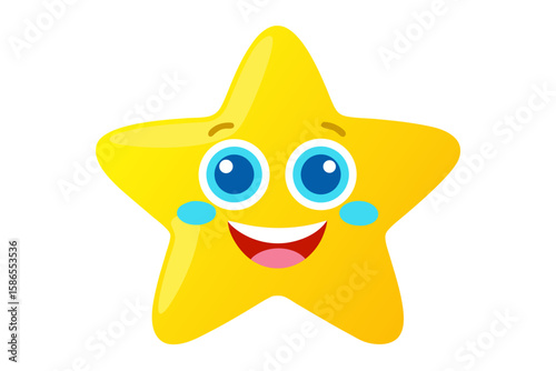 Funny, cute, yellow 3D cartoon star character with a happy smile icon
