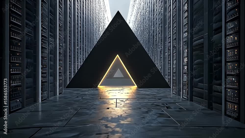 Corridor with rows of server racks and a triangular archway.