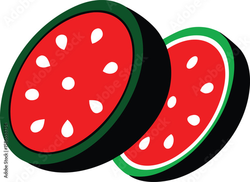 Two Red Watermelon Slices Green Rind Black Outline White Seeds Summer Fruit Food Graphic Illustration
