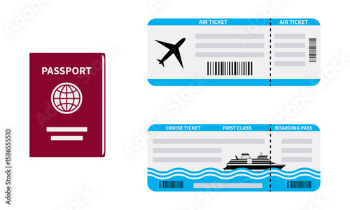 Vector illustration of essential travel documents including a passport, airplane ticket, and cruise boarding pass. Flat design style, ideal for travel agencies, booking services.