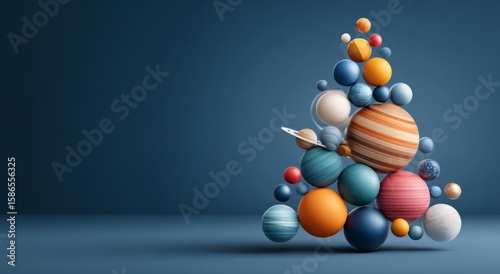 A Christmas tree constructed of stylized planets and celestial bodies on a sky blue background, symbolizing Christmas, the Christmas tree, the New Year and the holiday spirit. 