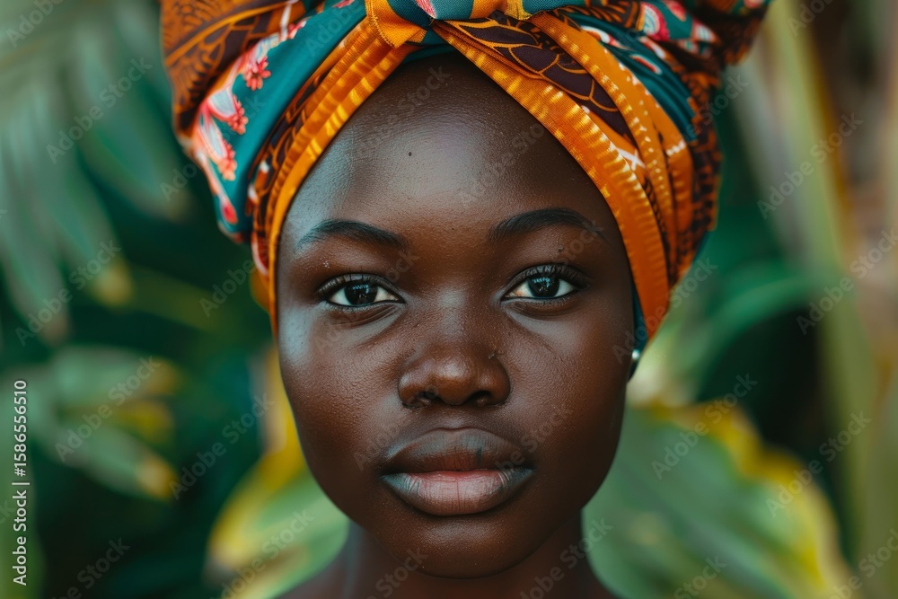Fototapeta premium Portrait of a beautiful young african woman with headwrap posing in a natural environment