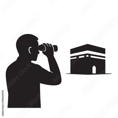 Silhouette of a man looking through binoculars at the kaaba in mecca