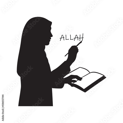 Muslim woman in hijab paints allah calligraphy from braille quran book
