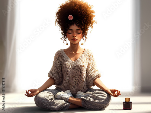 Just breathe and relax. Portrait of a serene young black woman meditating in an apartment. Her eyes are closed in pleasure.