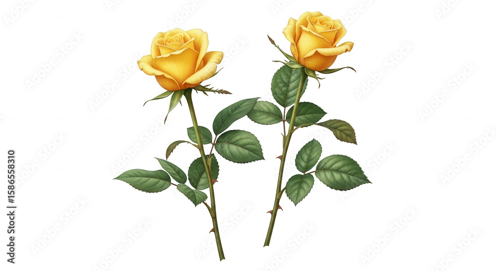 Obraz premium Two beautiful yellow roses with green leaves and thorny stems isolated on transparent background