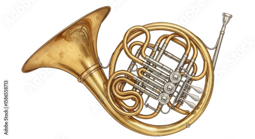 A detailed illustration of a brass french horn with intricate tubing and valves isolated on transparent background