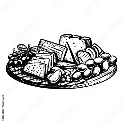 Assorted cheese and charcuterie board featuring various cheeses and an assortment of meats artistically displayed on wooden platter.
