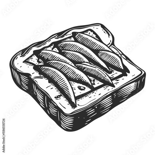 Toast with anchovies in oil, seafood delicacy on toasted bread. Savory toast with anchovies in oil offers taste and texture. Culinary concept of gourmet toast with anchovies in oil,