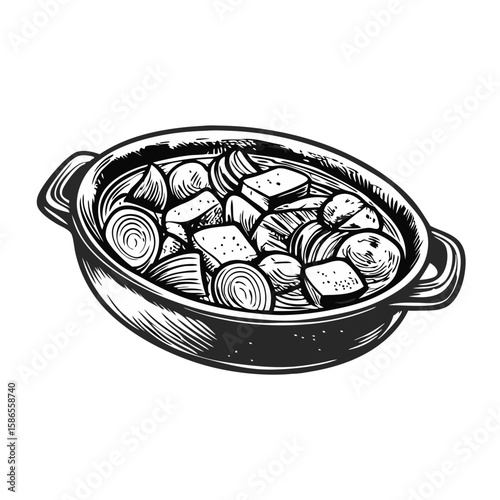 Classic beef bourguignon with vegetables in vintage style, presented in oval pot with handles. This tasty beef bourguignon dish, a classic stew, shows delicious ingredients,