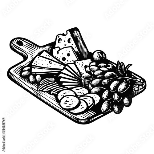 Assorted cheese and charcuterie board featuring sliced meats, cheeses, and grapes on wooden board, perfect appetizer. Composition of assorted cheese and charcuterie board enhances dining experience.