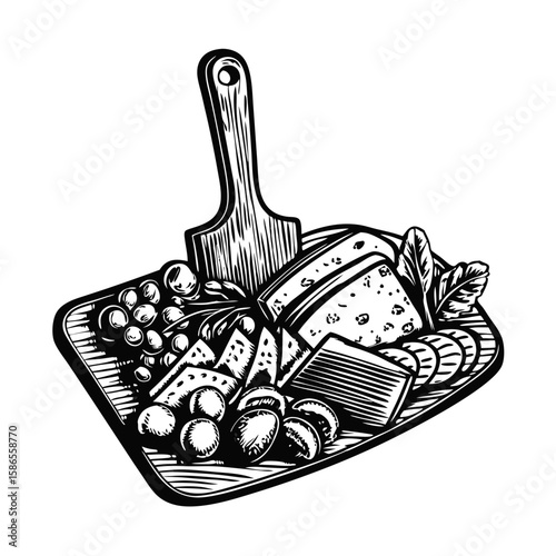 Cheese and charcuterie board with assorted cheese variations and cold cuts presentation on wooden board, artistic style. An assorted cheese and charcuterie board with knife, grapes,