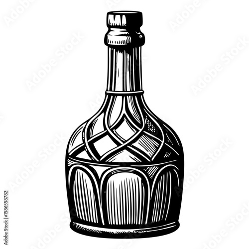 Stylish bottle of bordeaux wine, sketched in black ink on white backdrop. Bottle of bordeaux wine is ornamented, sketched, and decorative for any wine cellar design or promotional material.