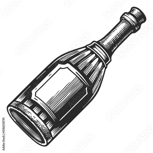 Bottle of Bordeaux wine with vintage engraving, ideal for a wine label. Detailed illustration of bottle of Bordeaux wine showcasing classic design and elegant shape for a wine label.