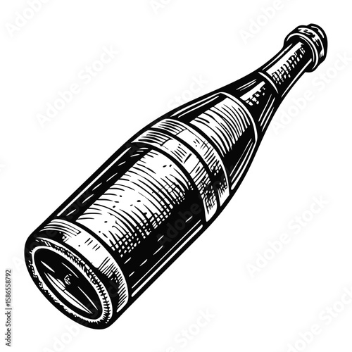 Elegant bottle of Bordeaux wine, drawn in vintage style. Classic bottle of Bordeaux wine features intricate line work and shading, reminiscent of traditional etching.