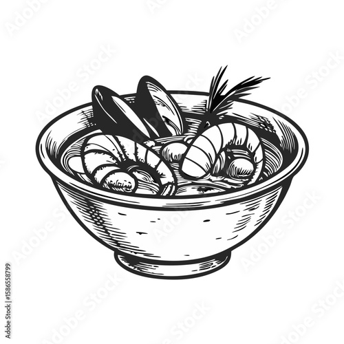 Bouillabaisse with seafood in bowl, illustrated sketch of a classic seafood stew, showcasing shellfish and rich broth. Bouillabaisse with seafood prepared in traditional style,