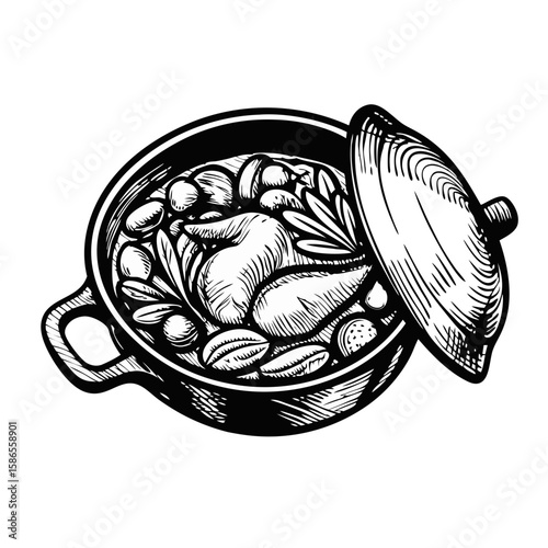 Coq au vin in casserole, a classic French dish presented in traditional cooking pot. Coq au vin, prepared with chicken braised in red wine, mushrooms, and herbs, showcases culinary heritage.