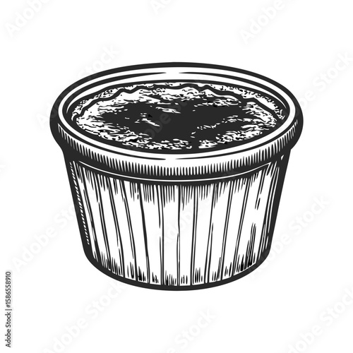 Illustration of crème brûlée with a caramelized top in vintage style. Crème brûlée dessert graphic art illustration with detailed texture and shading, perfect for restaurant menus, culinary blogs,