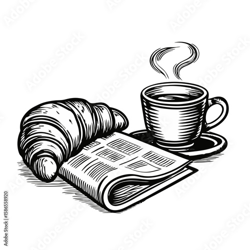 Croissant with newspaper and coffee for enjoyable morning routine. Relaxing morning with croissant and newspaper, complemented by cup of coffee.