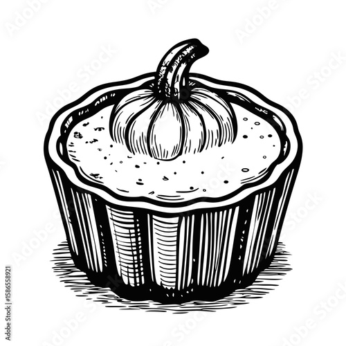 Hand-drawn creme brûlée with caramelized top, presented in artistic style. Creme brûlée illustration features delicious dessert adorned with pumpkin and classic stripes, ideal for autumn festivals.