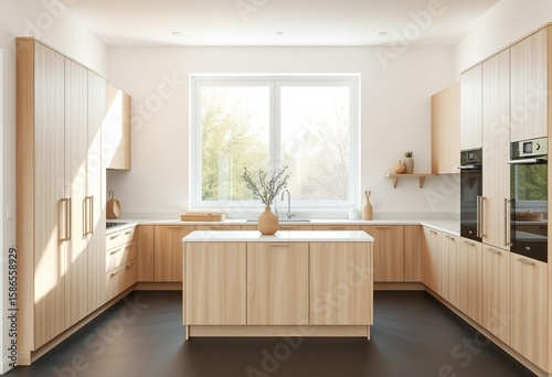 Minimalist Scandinavian kitchen with pale ash wood cabinets and clean white walls