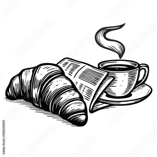 Croissant with a newspaper and coffee shown in black and white graphic illustration. Enjoy croissant with a newspaper and coffee, classic breakfast arrangement shows delicious croissant,
