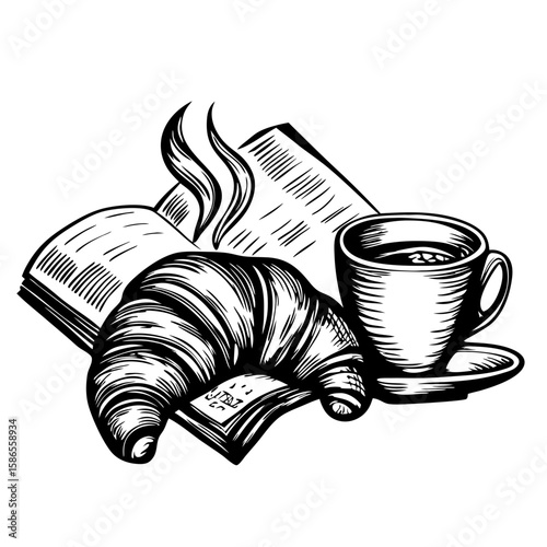 Croissant with newspaper and coffee, a delightful morning ritual. Classic croissant with newspaper and coffee served together to start day.