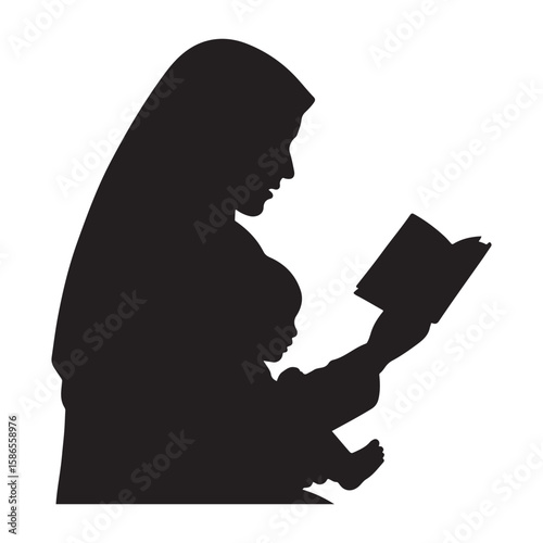 Silhouette of a muslim mother in hijab reading a book to her baby