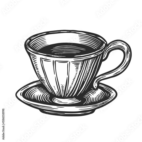 Demitasse cup of espresso drawing on white background in vintage style, classic espresso cup. Demitasse cup of espresso includes detailed texture and refined patterns for a classic look,