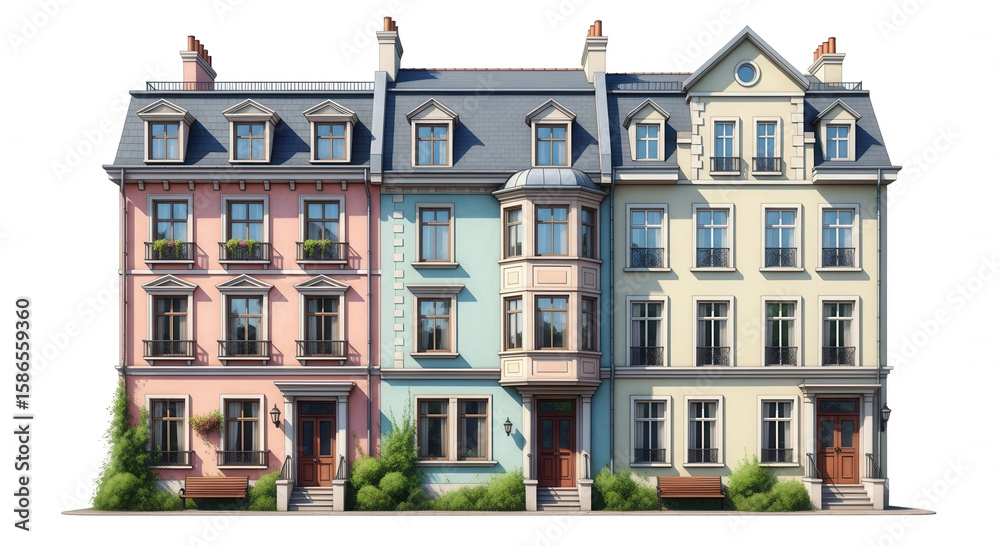Obraz premium Charming row houses with pastel facades and architectural details isolated on transparent background