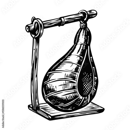 Jamon Iberico hanging from rack, illustrating traditional Spanish delicacy, presents culinary culture, where cured ham is an art form. Jamon Iberico, the quintessential Iberian ham,