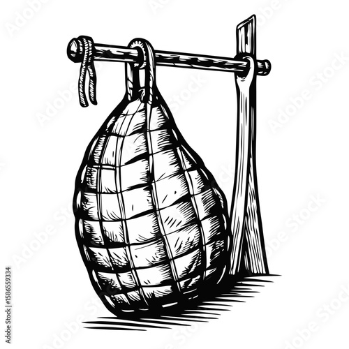 Iberian ham hanging from rack, showing cured pork leg prepared for slicing. Iberian ham is a culinary symbol. Iberian ham hanging from rack shows traditional meat preparation, a delicious meat.