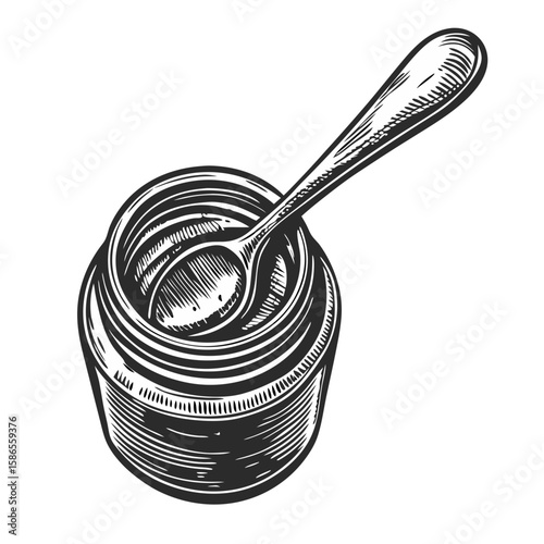 Depiction of jar of mustard with spoon in vintage engraving style. Jar of mustard includes visible spoon. Mustard in jar for adding to your menu presentation. Concept for mustard jar and spoon.