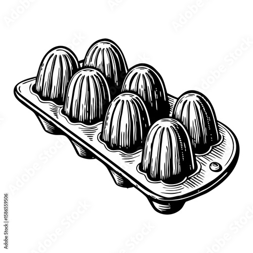 Madeleines on a tray in detailed line drawing, a culinary delight presented with vintage charm. Delicious madeleines on a tray showcase classic french patisserie,