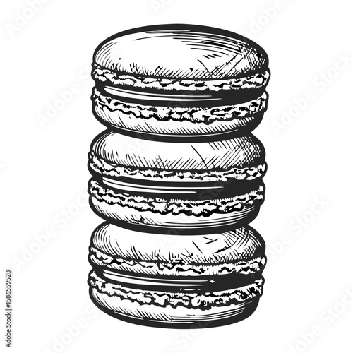 Macaron-stack illustration featuring hand drawn macarons, three stacked, forming macaron-stack. Each layer of this macaron-stack showcases detailed texture and shading to enhance visual appeal.