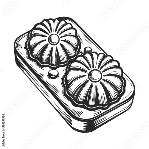 Delicious madeleines on a tray, exquisite desserts are presented in a simple line drawing. These madeleines on a tray showcase detailed illustration style.