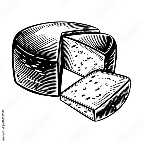 Manchego cheese slices in vintage engraved style for gourmet food illustration. Manchego cheese slices show detail of this traditional cheese with crumbly texture,