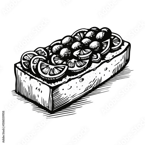 Tomato bread is delicious, hand drawn pan con tomate topped with fresh citrus fruit. Pan con tomate is a traditional Spanish appetizer. Enjoy this pan con tomate image in your next food blog post,