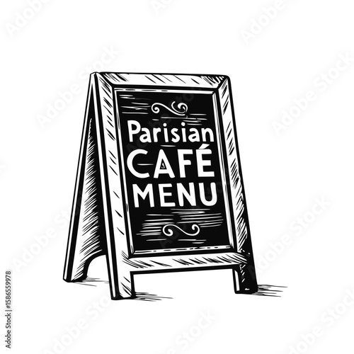 Parisian cafe menu displayed on chalkboard, artistic rendering in monochrome. Parisian cafe menu shown on easel, ideal for restaurant concepts.