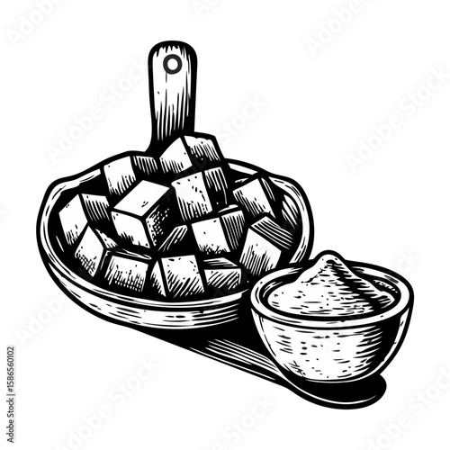 Patatas bravas with spicy sauce presented on wooden platter accompanied by small bowl with delicious sauce.