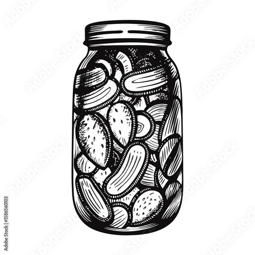 Pickled cornichons in a jar, delicious small pickled cucumbers in vintage glass jar. Pickled cornichons feature traditional preservation in brine with garlic, herbs, and spices.