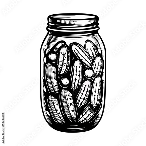 Pickled cornichons in a jar, preserved cucumbers in a glass jar, an iconic illustration of summer's harvest. Pickled cornichons preserves freshness and flavor,