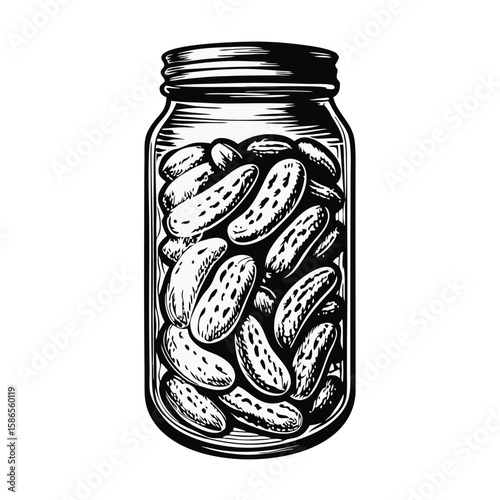 Pickled cornichons in a jar, tiny pickles, creating delightful culinary experience. Pickled cornichons in a jar showcase small, flavorful cucumbers, perfect for appetizers and snacks.