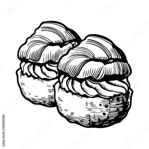 Depiction of profiteroles with cream, delicious dessert, for culinary designs. Hand-drawn illustration of profiteroles with cream,