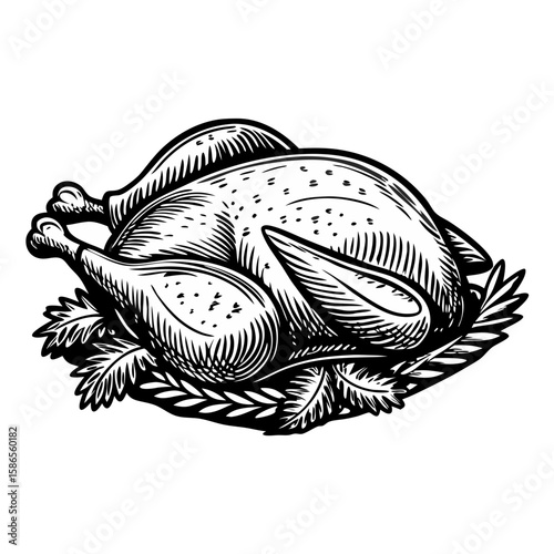 Roasted chicken with herbs, a culinary delight presented in classic black and white. This roasted chicken boasts aromatic herbs, embodying gourmet cooking at its finest.