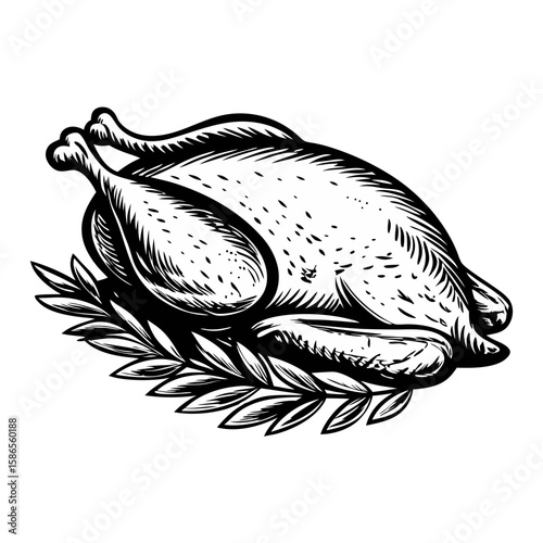 Delicious roasted chicken with herbs, culinary delight showcased with exquisite detail. Roasted chicken with herbs features rich, savory aroma, enhanced by delicate laurel wreath beneath,