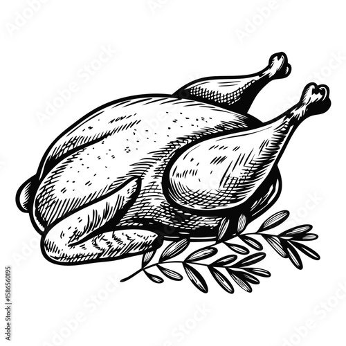 Roasted chicken with herbs in detailed line art for culinary illustration. Roasted chicken with herbs is expertly drawn to showcase cooking traditions and flavor.