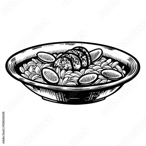 Veal blanquette with rice, traditional French dish, presented in bowl. Veal blanquette with rice includes tender veal in creamy sauce served over fluffy rice,