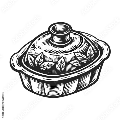 Terrine in ceramic dish, garnished with leaves, for a rustic culinary presentation. Artistic terrine in ceramic dish creates a visually appealing centerpiece with elegant leaf pattern,