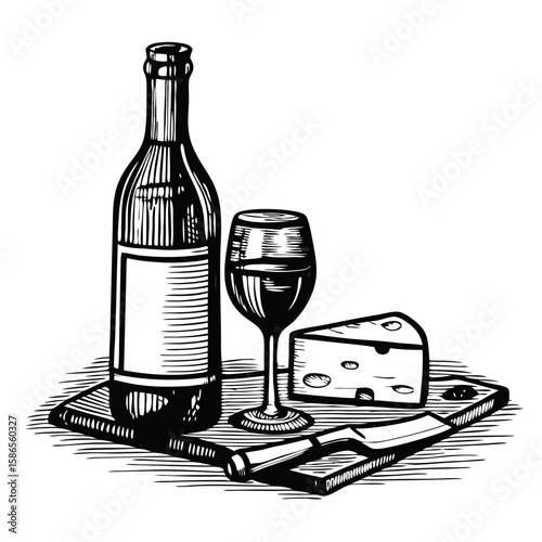 Wine and cheese still life presents bottle of red wine, glass of wine, piece of swiss cheese, and a knife. Wine and cheese still life includes ingredients for gourmet food pairing and a cutting board.